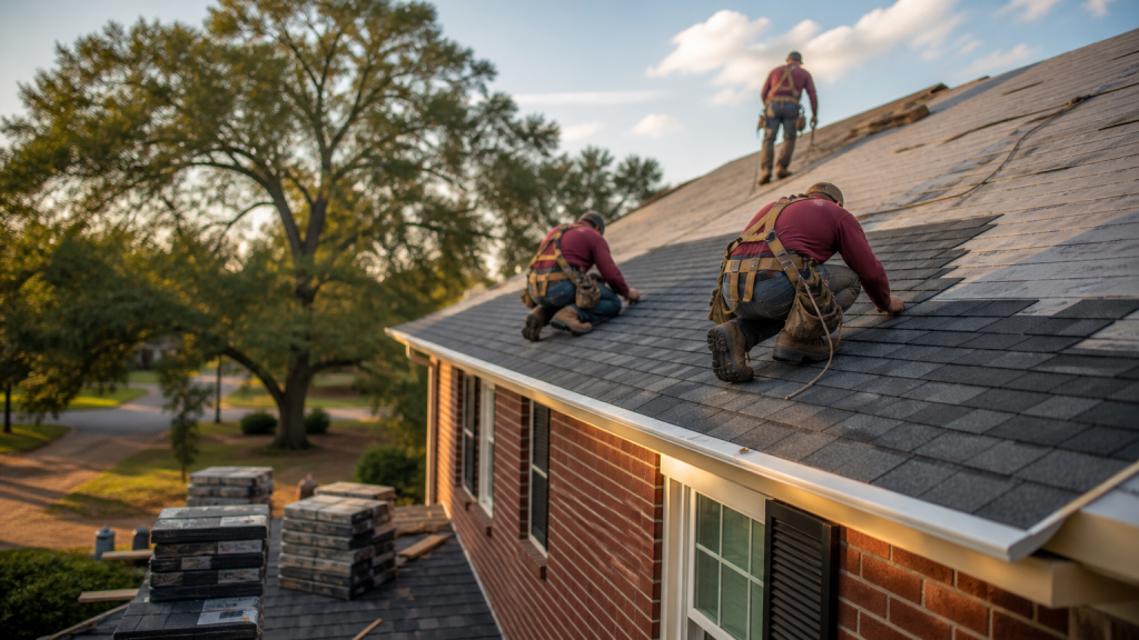 Crosby Roofing crew installing new architectural asphalt shingles on a Macon, GA home