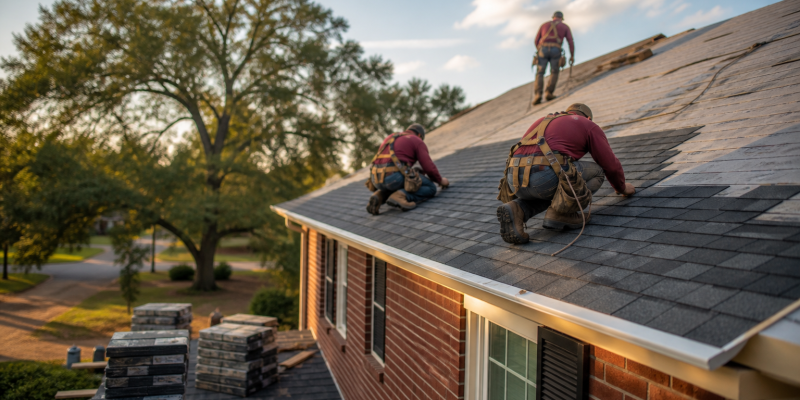 Crosby Roofing crew installing new architectural asphalt shingles on a Macon, GA home