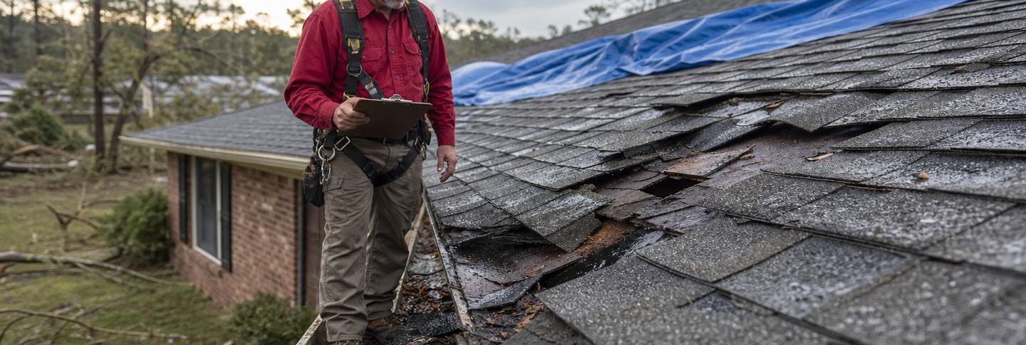 Crosby Roofing roof inspector documenting hail and wind damage during a roof inspection in LaGrange, GA